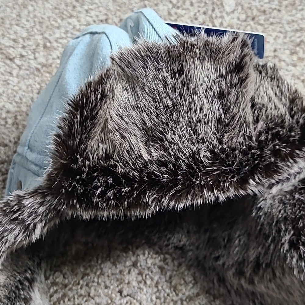 True Religion Light Blue Denim Trapper Hat with Brown Fur - Picture 4 of 4